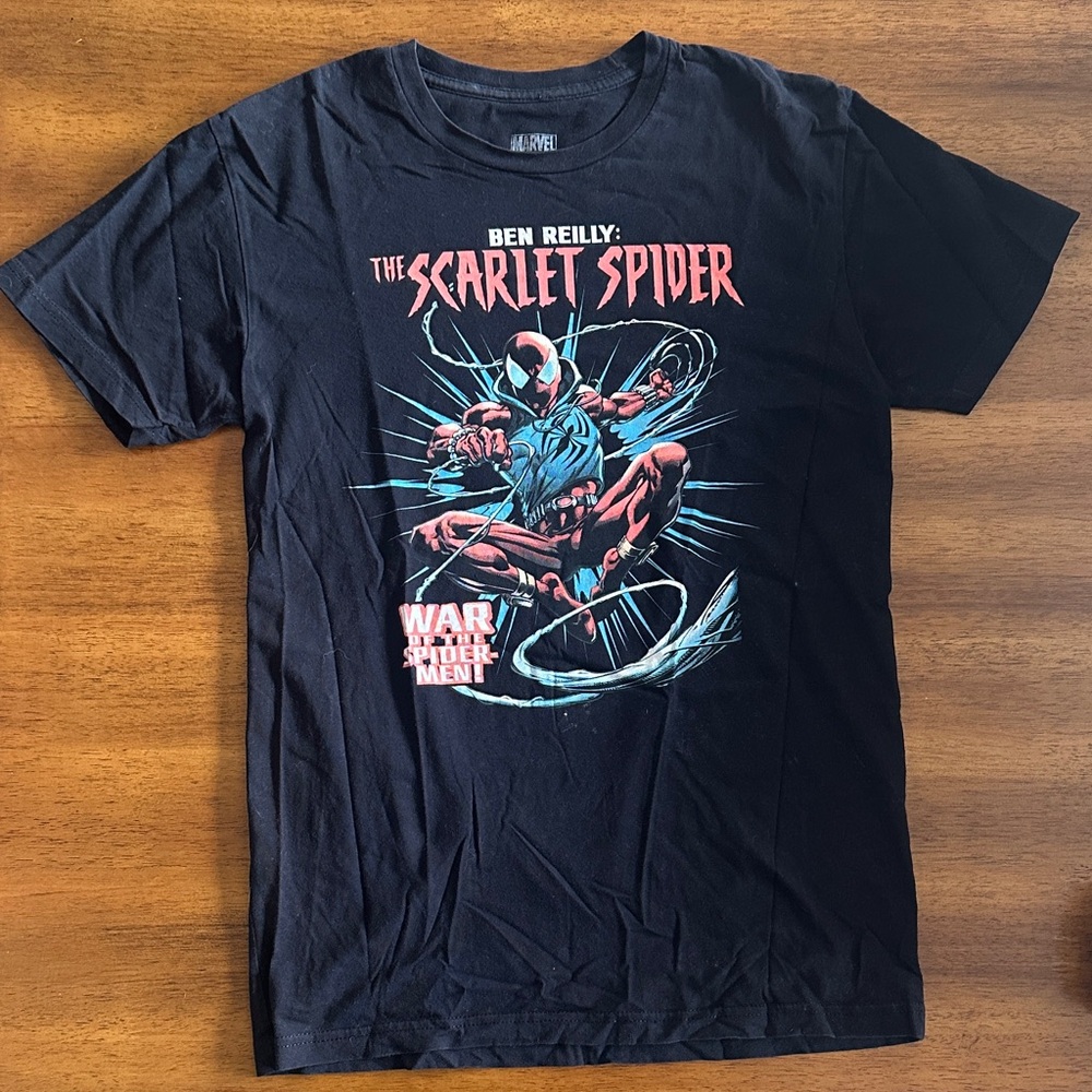 Marvel Ben Reilly Scarlet Spider Black Graphic Tee with Red & Blue Artwork